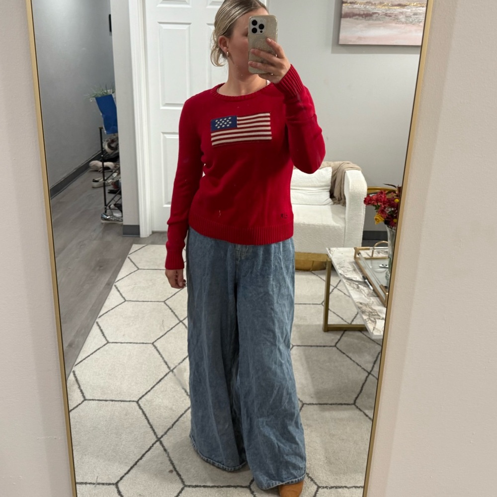 Ralph Lauren Red Crewneck Sweater with Flag Embroidery